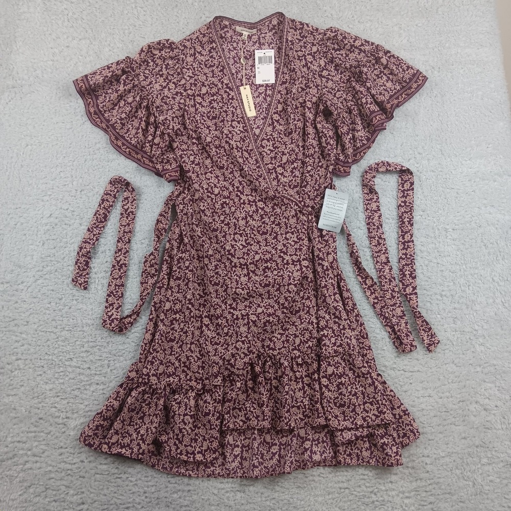 Max Studio Wrap Dress Women M Plum Floral Flutter Sleeve Ruffle Hem NWT 8912C60